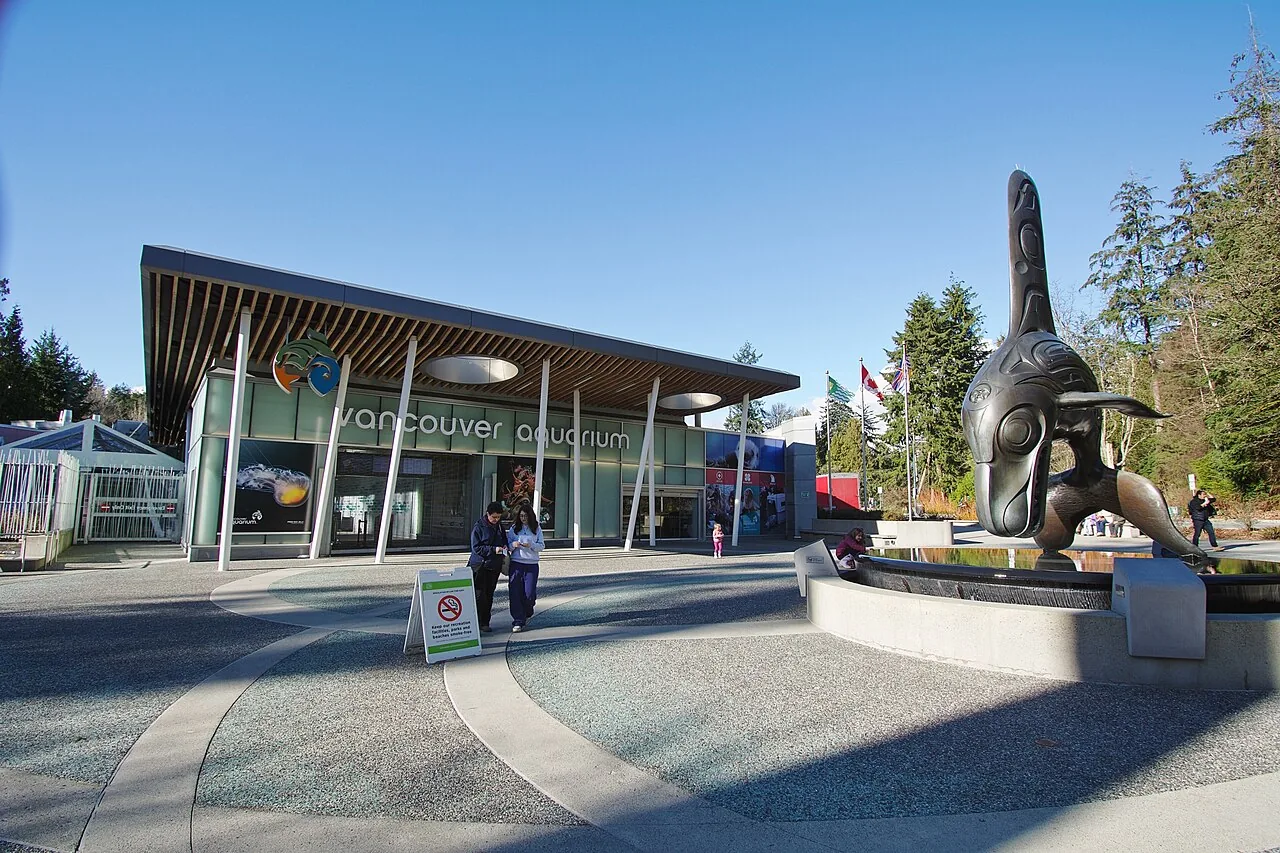 Vancouver Aquarium entrance with the orca sculpture in March 2026